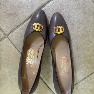 Salvatore Ferragamo Brown Gold Flats with Elegant Hardware